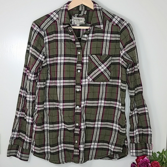 Express Tops - EXRESS Women's Green Plaid Flannel Shirt Size S